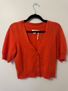 Anthropologie Maeve Short-Sleeve V-Neck Button Cardigan in Bright Orange Small
